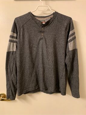 burnside Charcoal Crewneck Henley with Light Gray Sleeve Stripes